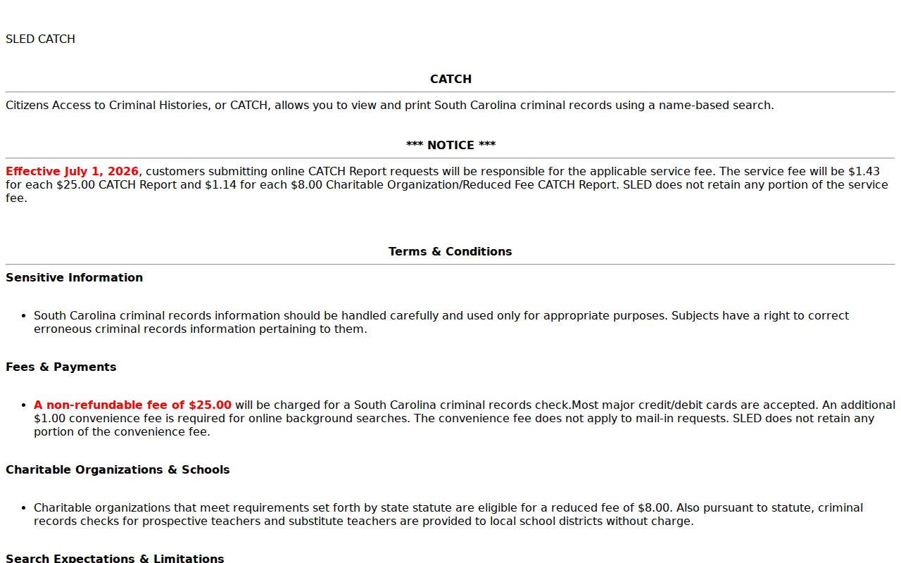 South Carolina warrant lookup reference showing the SLED CATCH fee notice and service terms