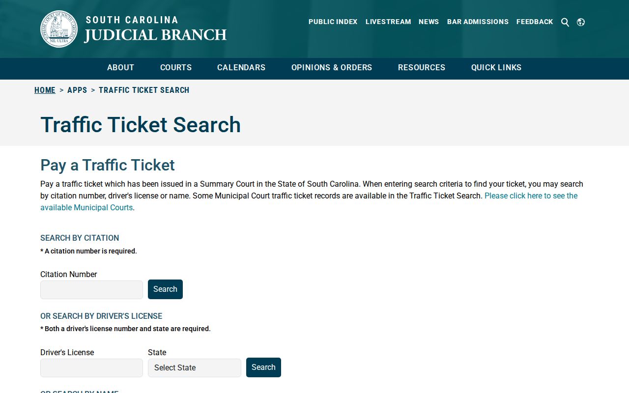 South Carolina traffic ticket search fields for a citation related to a traffic warrant inquiry