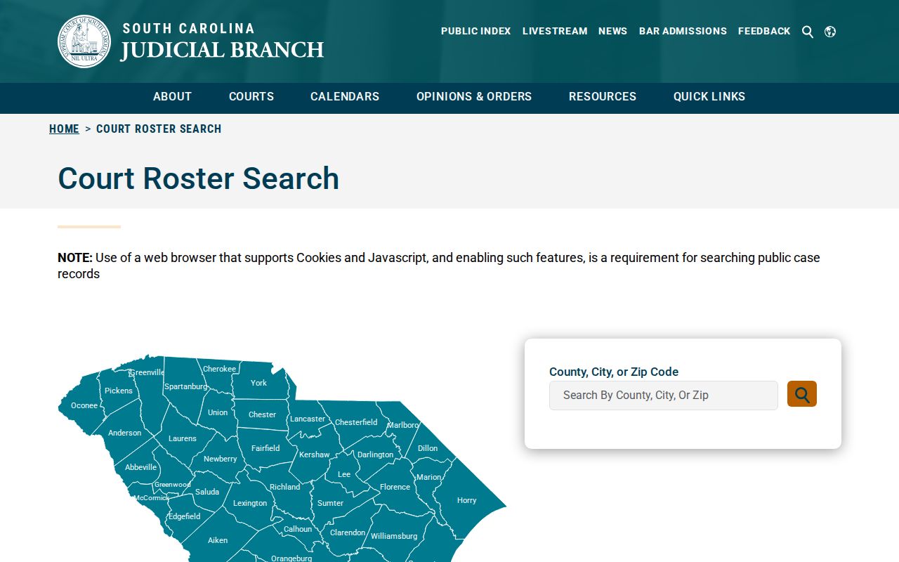 South Carolina warrant-record routing by county, city, or ZIP in the Court Roster Search