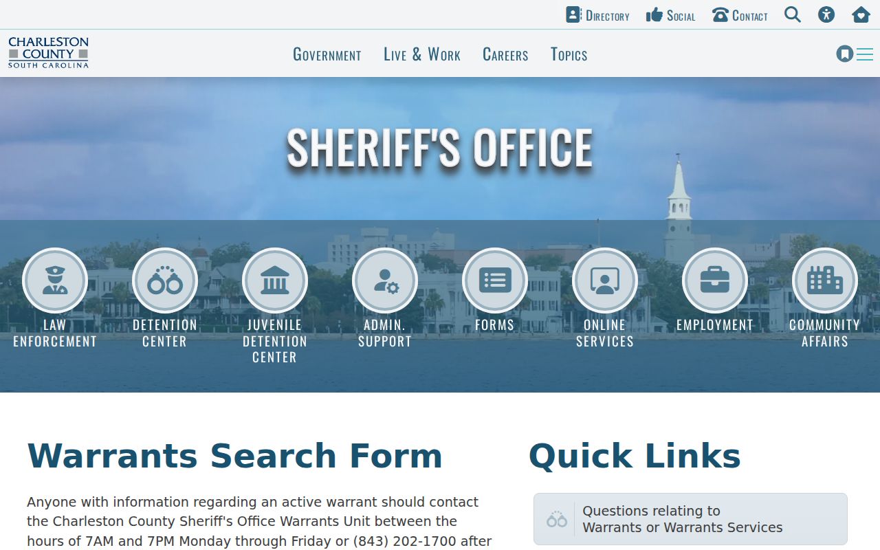 South Carolina active warrant search example showing a sheriff page heading and warrant-service contact prompt