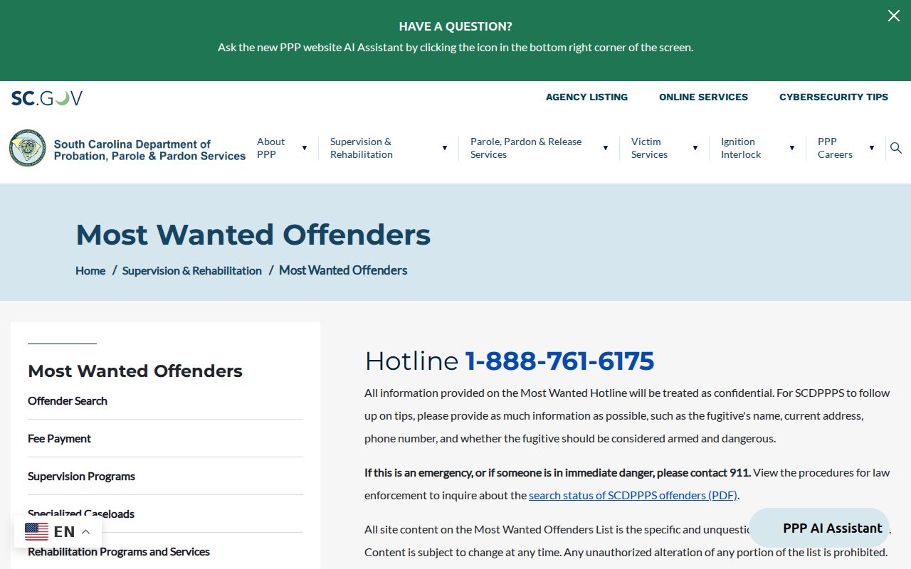 South Carolina active warrant information reference showing only the SCDPPPS most-wanted page title and tip guidance