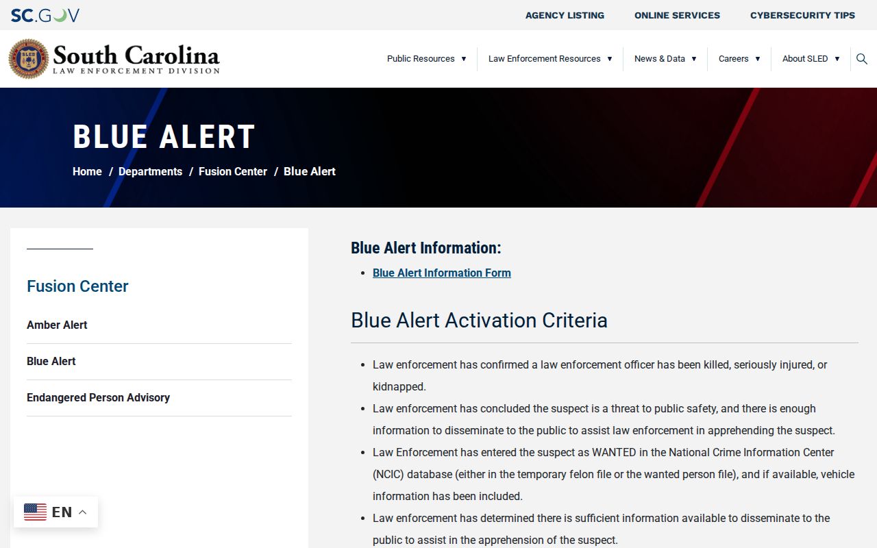 South Carolina Blue Alert information from SLED, a public safety alert rather than a warrant list