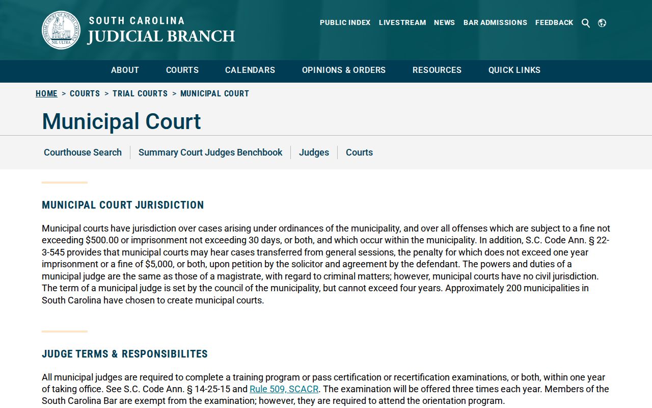 South Carolina Municipal Court description for locating city-court warrant records